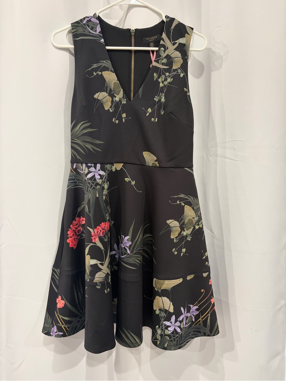Ted Baker Black Floral V-Neck Fit-and-Flare Dress